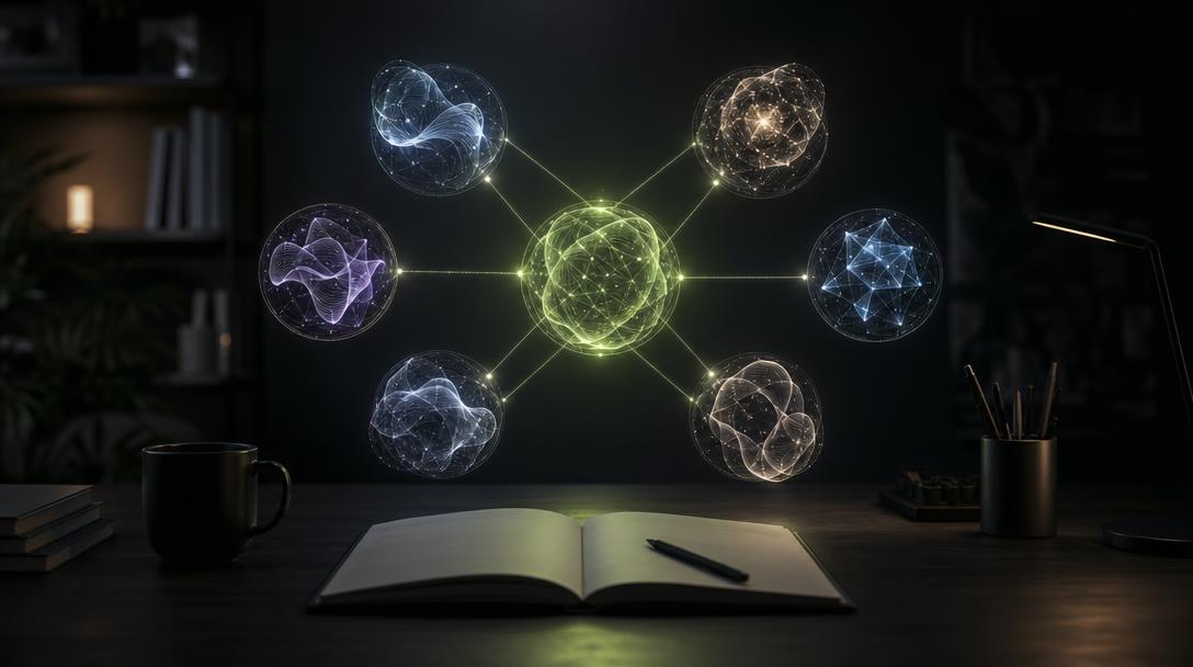 Шесть светящихся узлов-нейросетей соединены линиями над рабочим столом в тёмной палитре с лаймовым акцентом