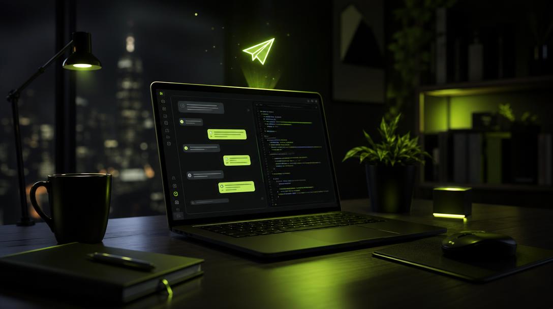 Ноутбук в тёмной комнате с интерфейсом ИИ-редактора и парящей иконкой мессенджера — сборка Telegram-бота вечером